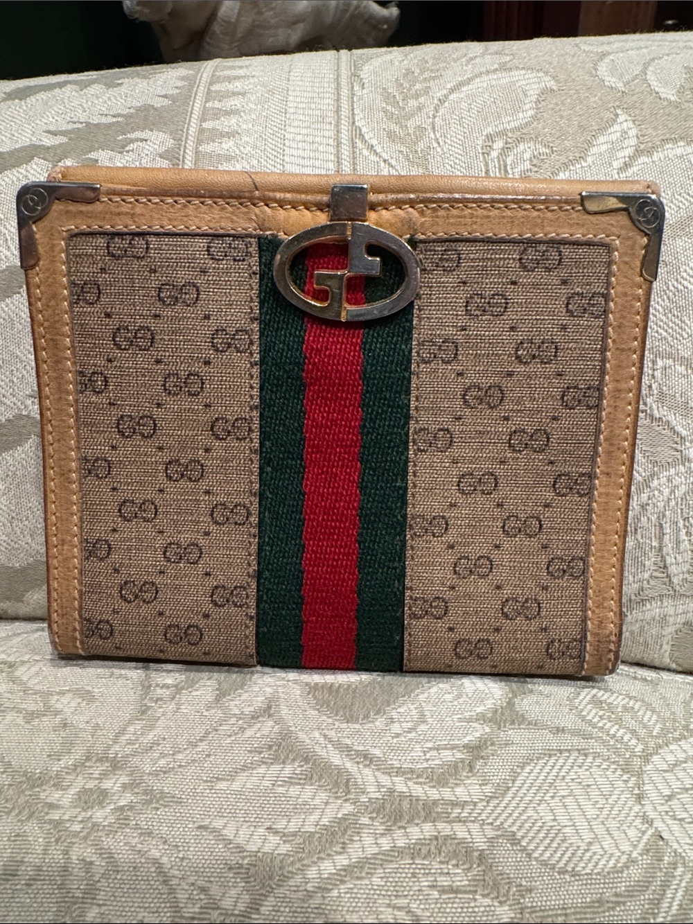 Gucci Beige GG Canvas Wallet with Green and Red Web Stripe
